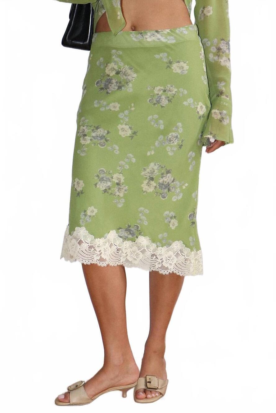 NEW BAILEY ROSE fawn floral lace trim midi skirt in green